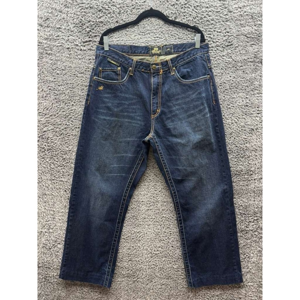 Vintage Y2K Akademiks Logo Embroidered Baggy Leg Jeans Medium Wash Mens Size‎ 34